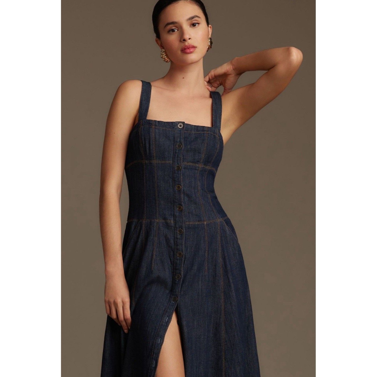 Anthropologie Maeve Denim Dress Button Front Corset Preppy Boho Retro Size 8 Nwt